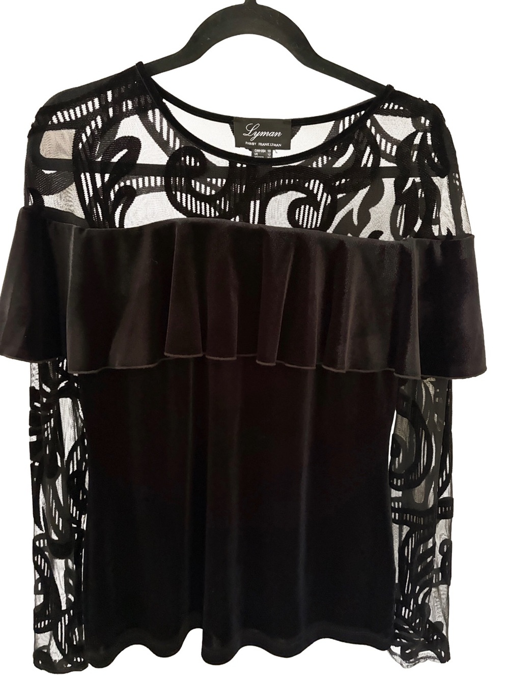 Frank Lyman Gothic Burnout Velvet Ruffle Top Black Size 10